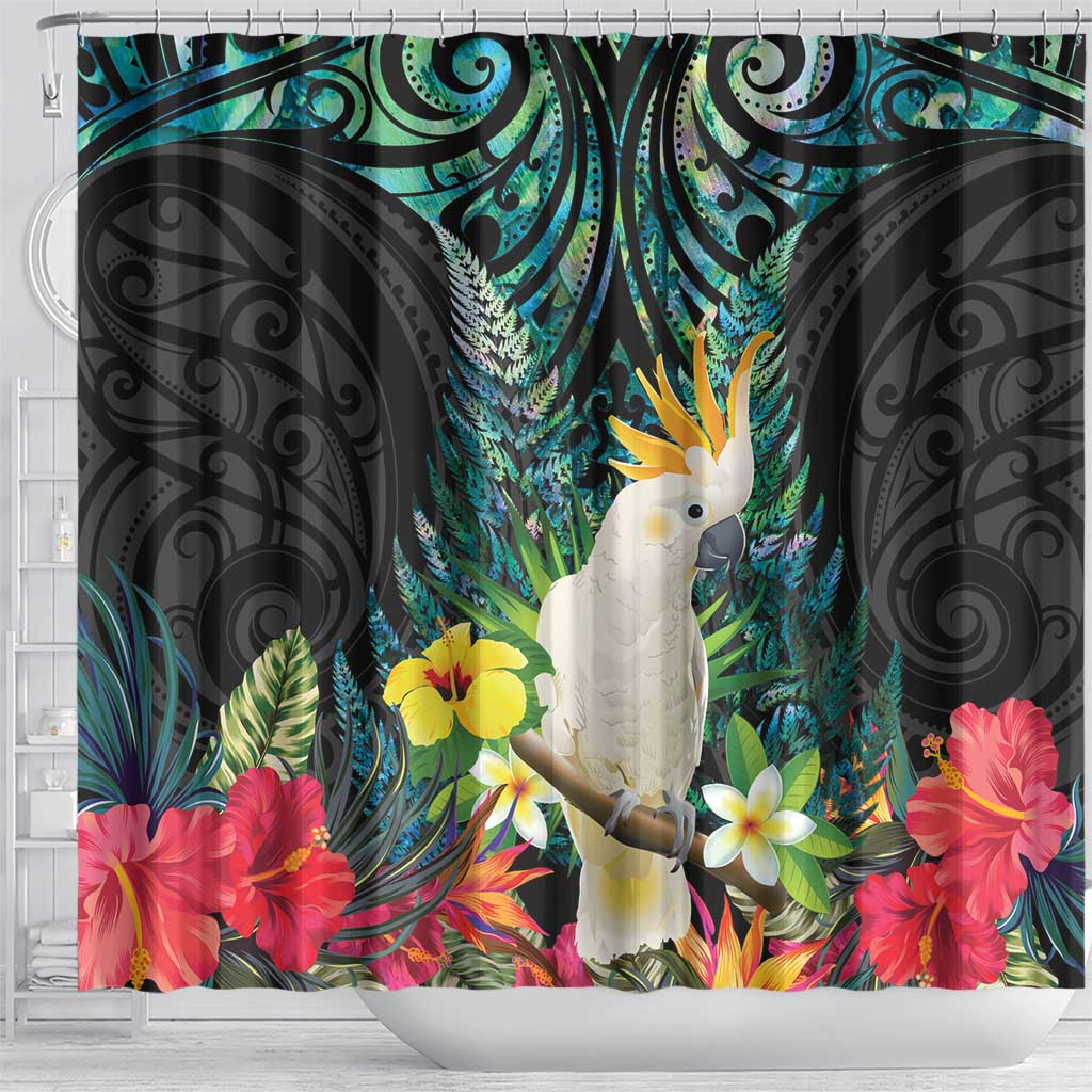 Sulphur-crested Cockatoo New Zealand Shower Curtain Paua Shell Aotearoa Maori Tropical Flowers LT14 - Polynesian Pride