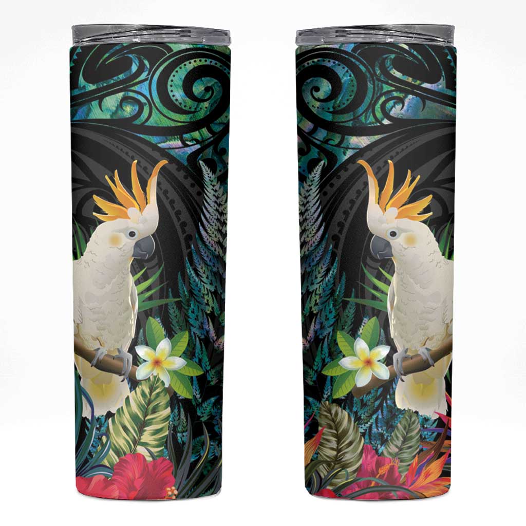 Sulphur-crested Cockatoo New Zealand Skinny Tumbler Paua Shell Aotearoa Maori Tropical Flowers LT14 Black - Polynesian Pride