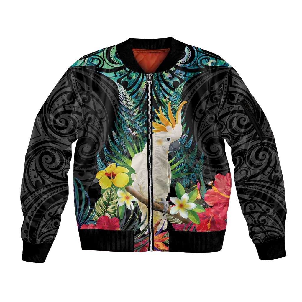 Sulphur-crested Cockatoo New Zealand Sleeve Zip Bomber Jacket Paua Shell Aotearoa Maori Tropical Flowers LT14 Unisex Black - Polynesian Pride