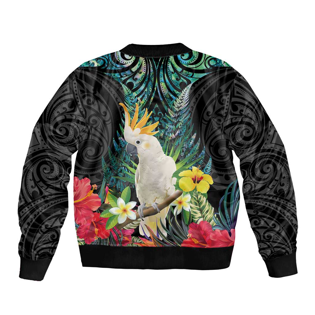 Sulphur-crested Cockatoo New Zealand Sleeve Zip Bomber Jacket Paua Shell Aotearoa Maori Tropical Flowers LT14 - Polynesian Pride