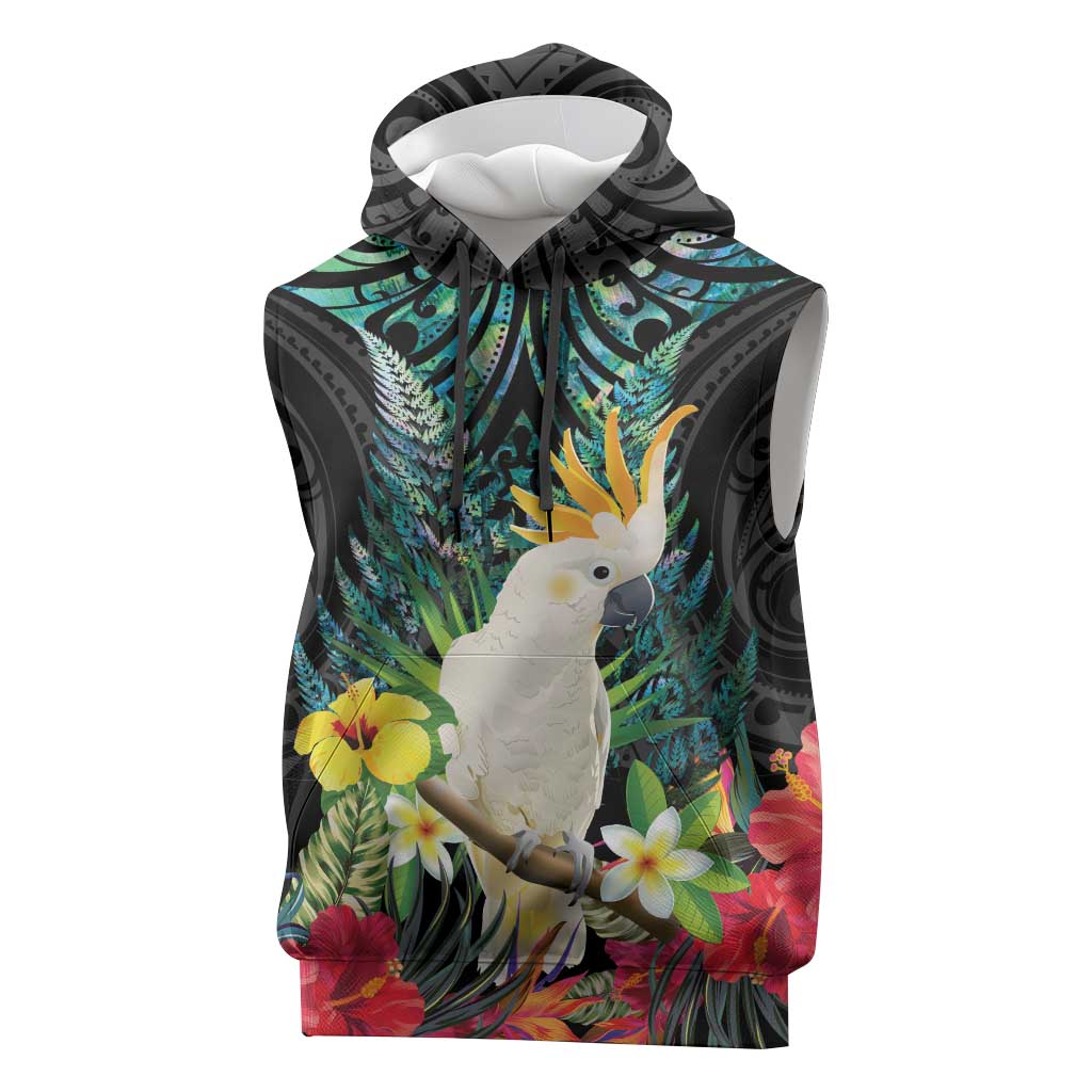 Sulphur-crested Cockatoo New Zealand Sleeveless Hoodie Paua Shell Aotearoa Maori Tropical Flowers LT14 Black - Polynesian Pride