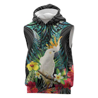 Sulphur-crested Cockatoo New Zealand Sleeveless Hoodie Paua Shell Aotearoa Maori Tropical Flowers LT14 Black - Polynesian Pride