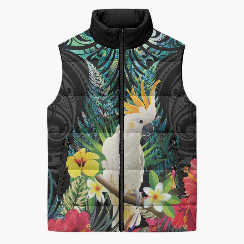 Sulphur-crested Cockatoo New Zealand Sleeveless Puffer Jacket Paua Shell Aotearoa Maori Tropical Flowers LT14 Unisex Black - Polynesian Pride