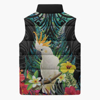 Sulphur-crested Cockatoo New Zealand Sleeveless Puffer Jacket Paua Shell Aotearoa Maori Tropical Flowers LT14 - Polynesian Pride