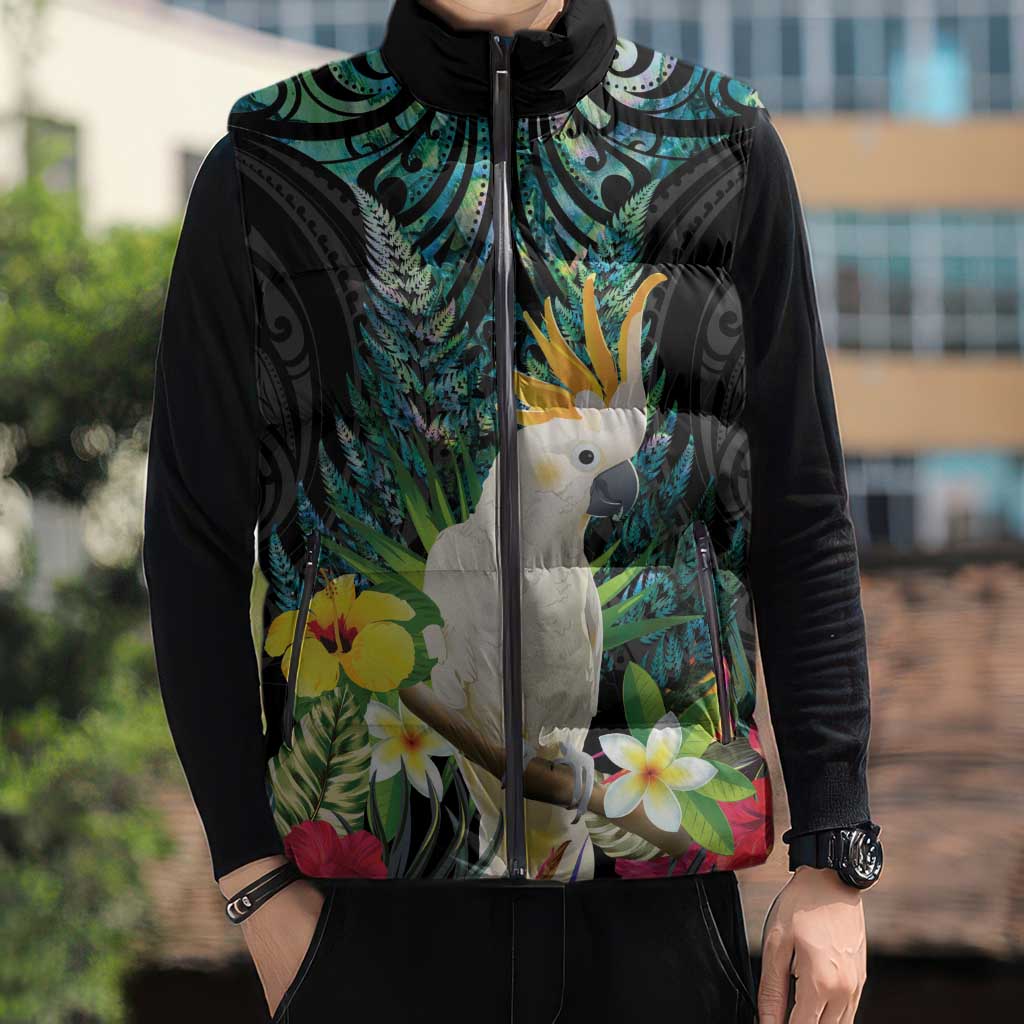 Sulphur-crested Cockatoo New Zealand Sleeveless Puffer Jacket Paua Shell Aotearoa Maori Tropical Flowers LT14 - Polynesian Pride