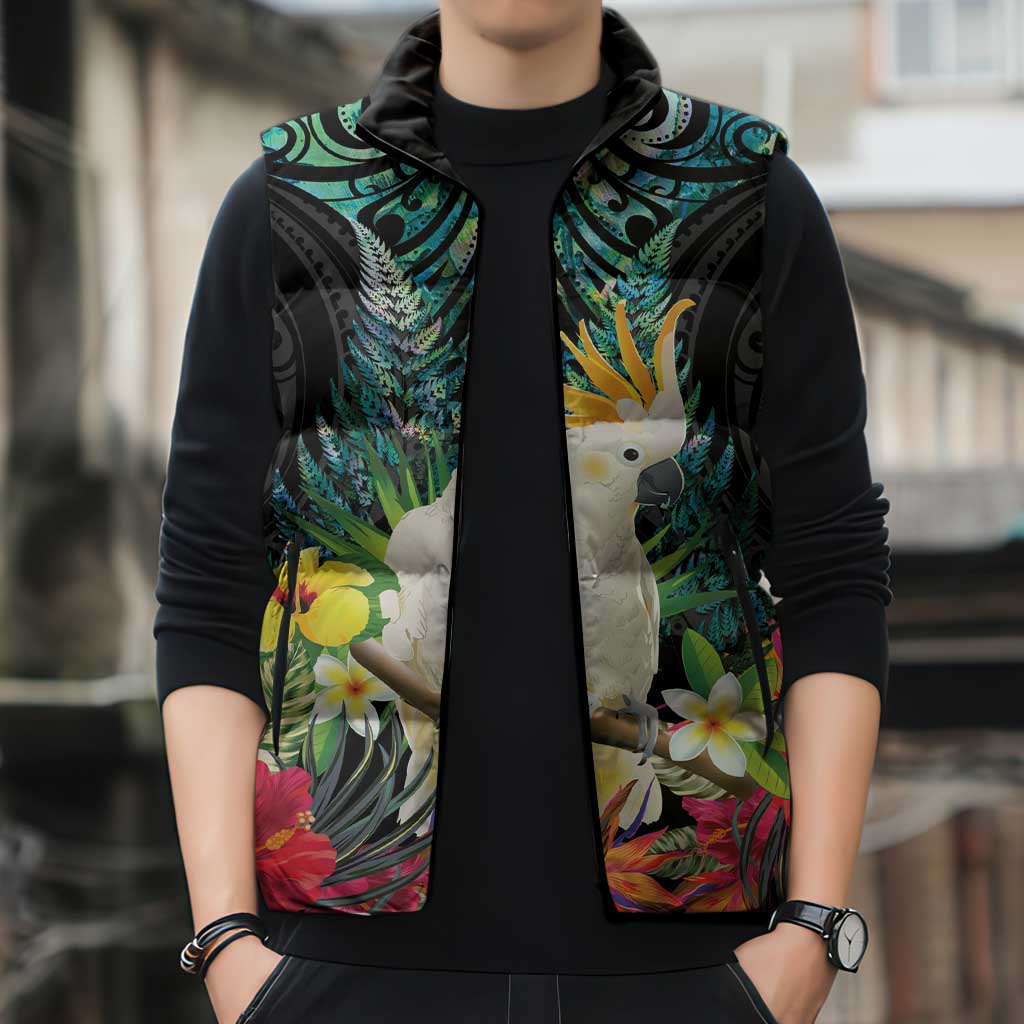 Sulphur-crested Cockatoo New Zealand Sleeveless Puffer Jacket Paua Shell Aotearoa Maori Tropical Flowers LT14 - Polynesian Pride