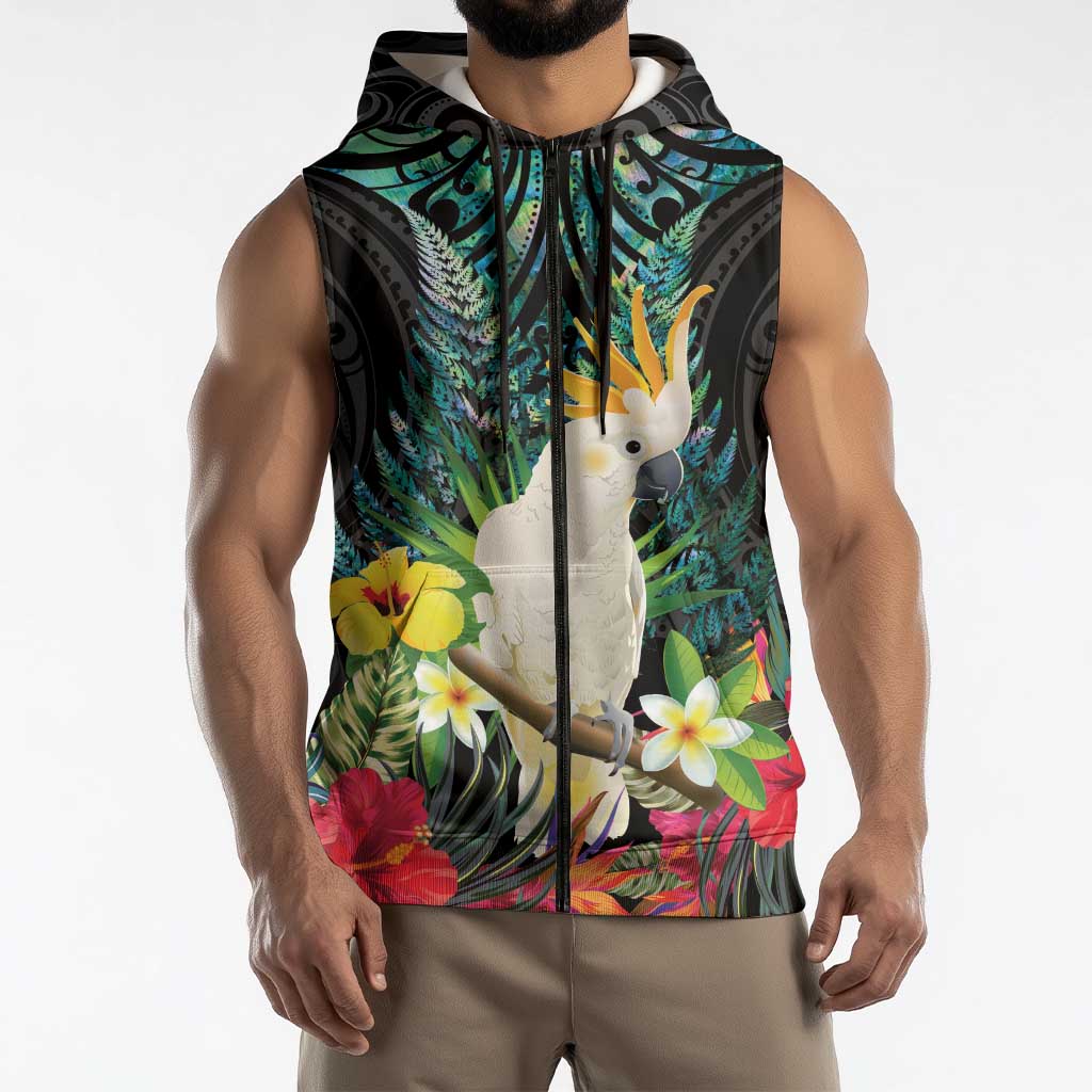 Sulphur-crested Cockatoo New Zealand Sleeveless Zip Hoodie Paua Shell Aotearoa Maori Tropical Flowers LT14 - Polynesian Pride