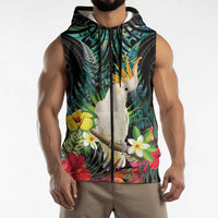 Sulphur-crested Cockatoo New Zealand Sleeveless Zip Hoodie Paua Shell Aotearoa Maori Tropical Flowers LT14 - Polynesian Pride