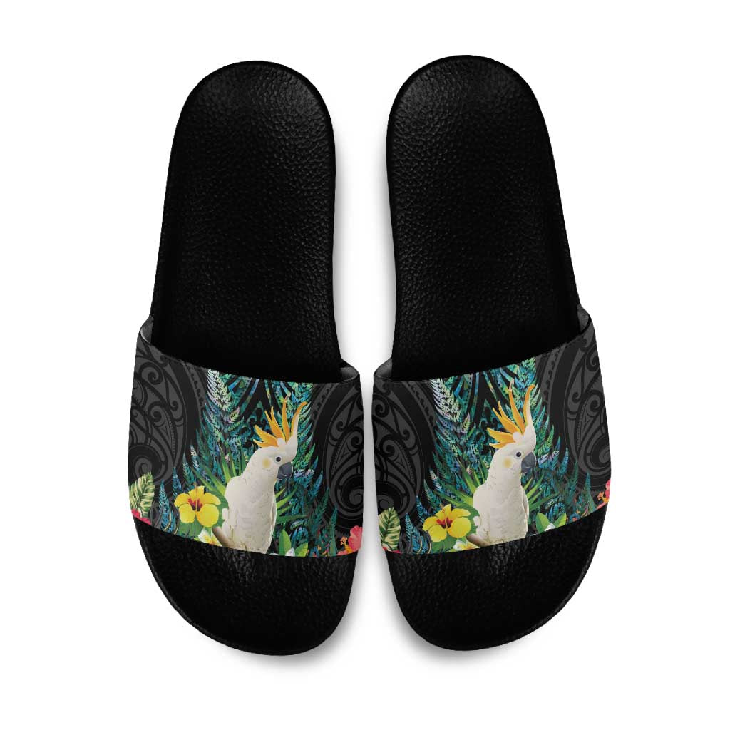 Sulphur-crested Cockatoo New Zealand Slide Sandals Paua Shell Aotearoa Maori Tropical Flowers LT14 Black - Polynesian Pride