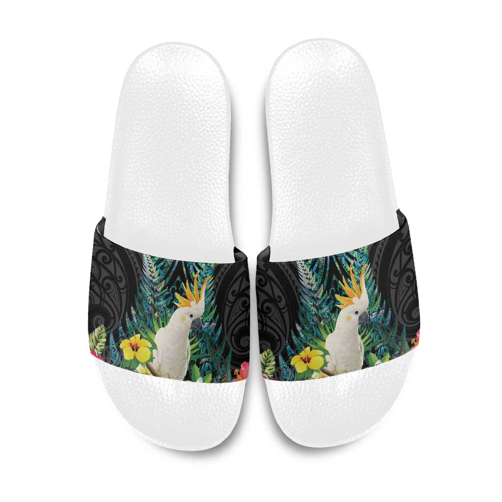 Sulphur-crested Cockatoo New Zealand Slide Sandals Paua Shell Aotearoa Maori Tropical Flowers LT14 Black - Polynesian Pride