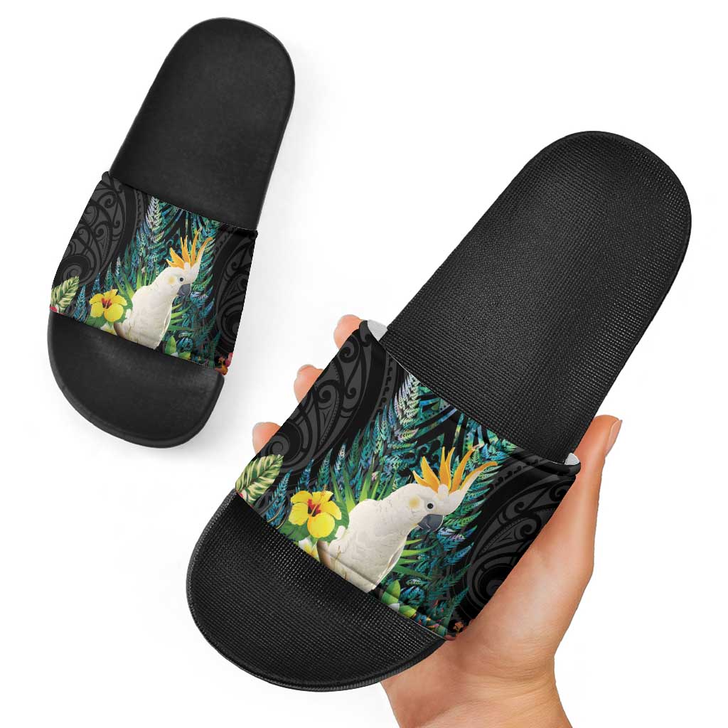 Sulphur-crested Cockatoo New Zealand Slide Sandals Paua Shell Aotearoa Maori Tropical Flowers LT14 - Polynesian Pride