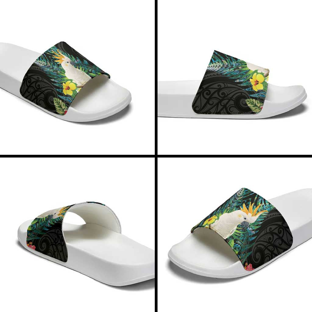 Sulphur-crested Cockatoo New Zealand Slide Sandals Paua Shell Aotearoa Maori Tropical Flowers LT14 - Polynesian Pride