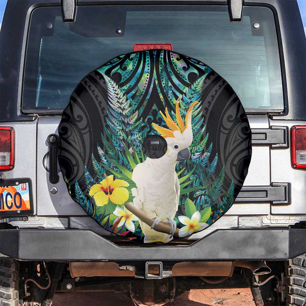 Sulphur-crested Cockatoo New Zealand Spare Tire Cover Paua Shell Aotearoa Maori Tropical Flowers LT14 Black - Polynesian Pride