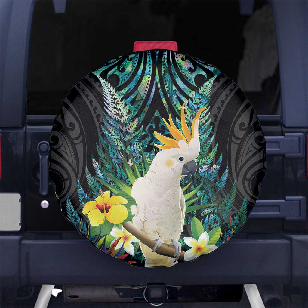 Sulphur-crested Cockatoo New Zealand Spare Tire Cover Paua Shell Aotearoa Maori Tropical Flowers LT14 No hole Black - Polynesian Pride