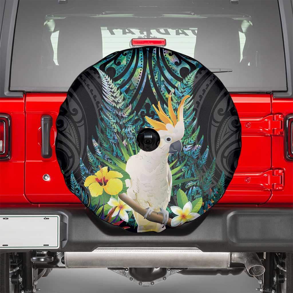 Sulphur-crested Cockatoo New Zealand Spare Tire Cover Paua Shell Aotearoa Maori Tropical Flowers LT14 - Polynesian Pride