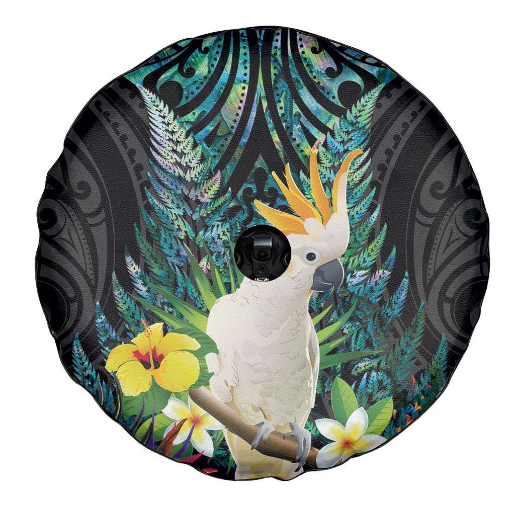 Sulphur-crested Cockatoo New Zealand Spare Tire Cover Paua Shell Aotearoa Maori Tropical Flowers LT14 - Polynesian Pride