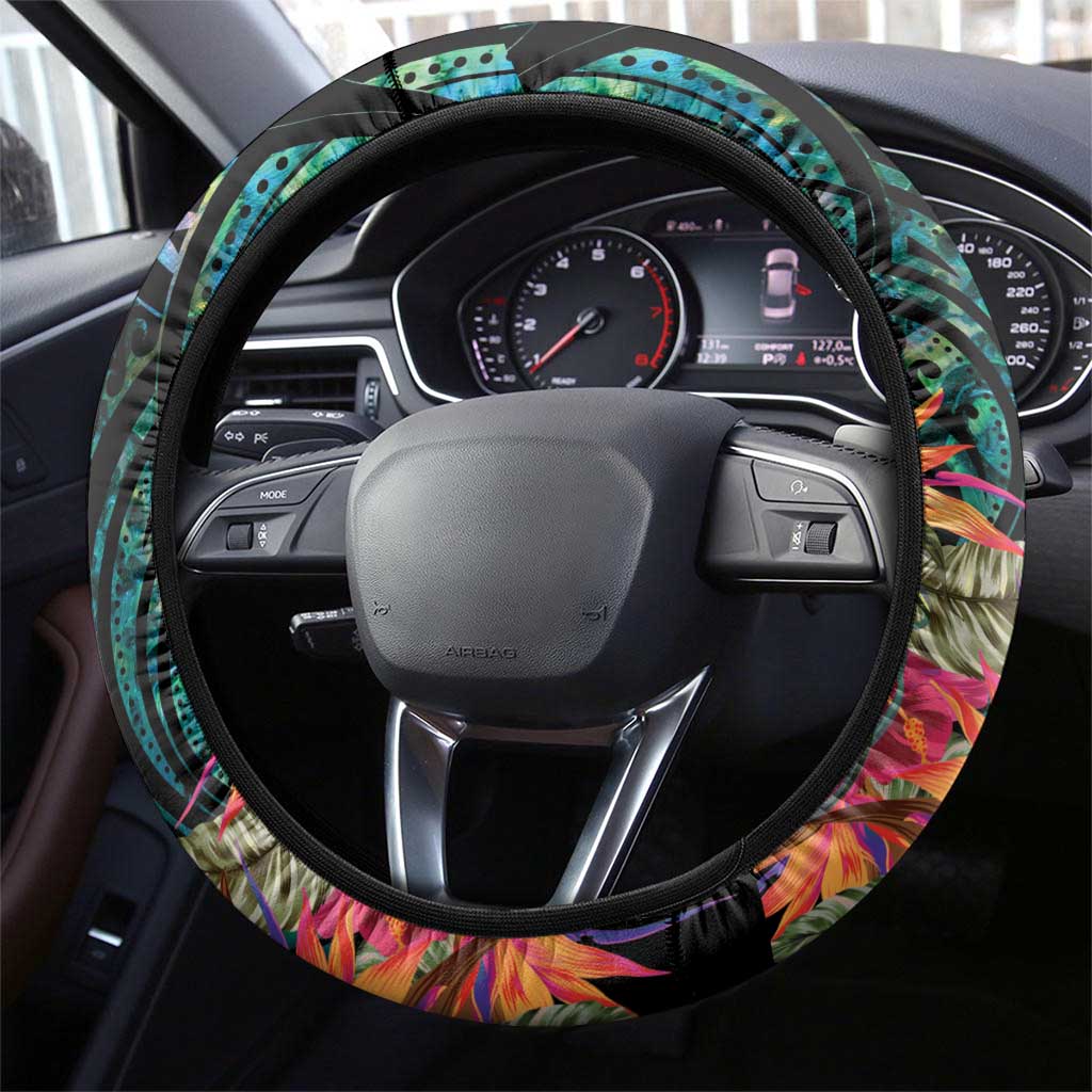 Sulphur-crested Cockatoo New Zealand Steering Wheel Cover Paua Shell Aotearoa Maori Tropical Flowers LT14 - Polynesian Pride