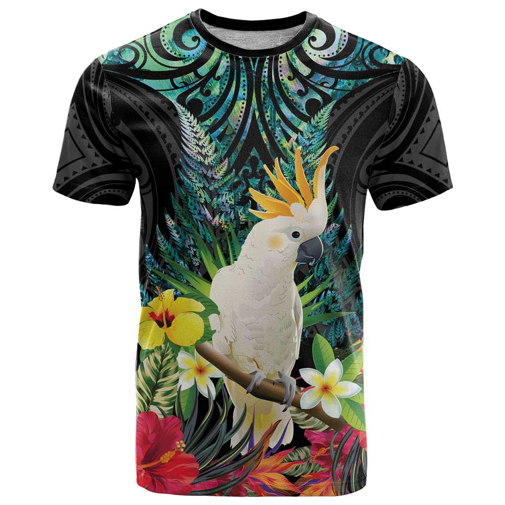 Sulphur-crested Cockatoo New Zealand T Shirt Paua Shell Aotearoa Maori Tropical Flowers LT14 Black - Polynesian Pride