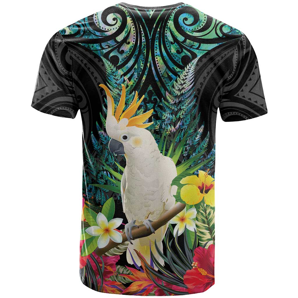 Sulphur-crested Cockatoo New Zealand T Shirt Paua Shell Aotearoa Maori Tropical Flowers LT14 - Polynesian Pride