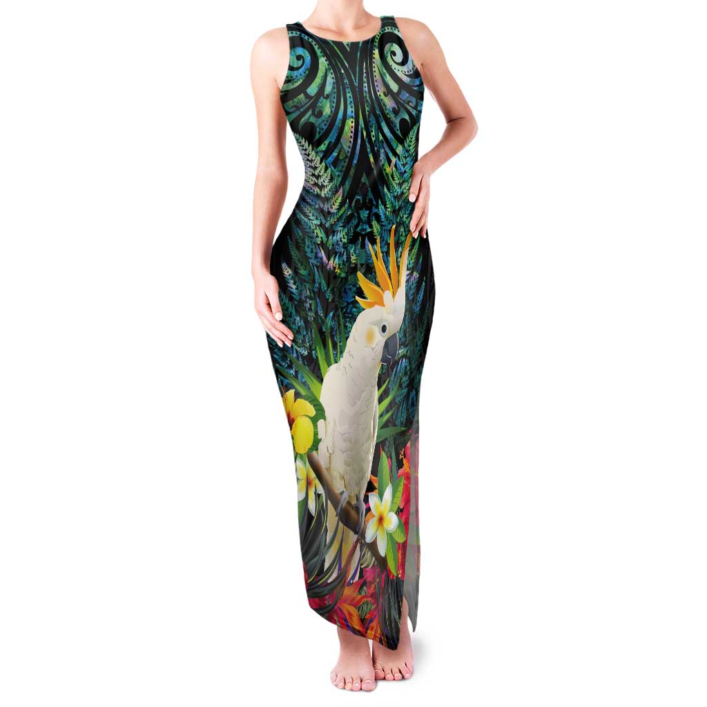 Sulphur-crested Cockatoo New Zealand Tank Maxi Dress Paua Shell Aotearoa Maori Tropical Flowers LT14 Women Black - Polynesian Pride