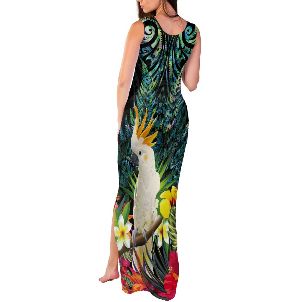 Sulphur-crested Cockatoo New Zealand Tank Maxi Dress Paua Shell Aotearoa Maori Tropical Flowers LT14 - Polynesian Pride