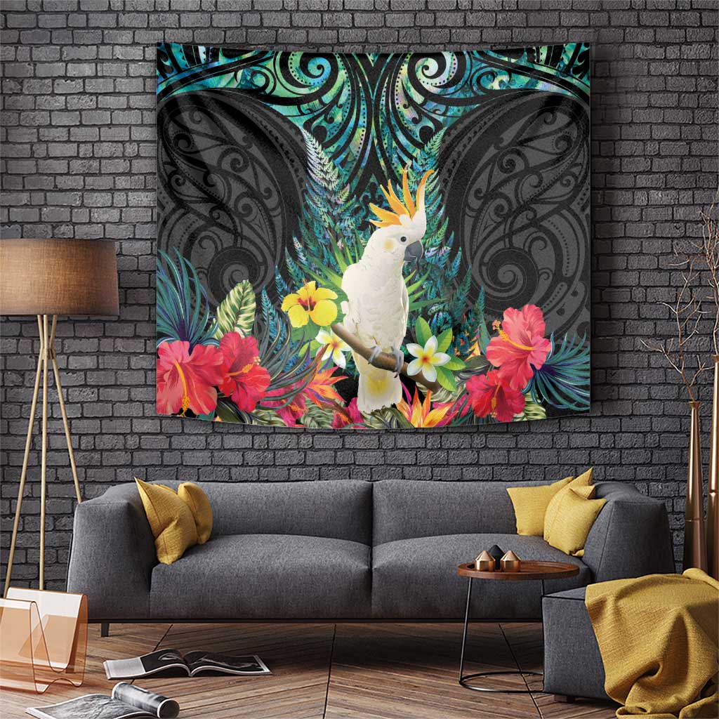 Sulphur-crested Cockatoo New Zealand Tapestry Paua Shell Aotearoa Maori Tropical Flowers LT14 Black - Polynesian Pride