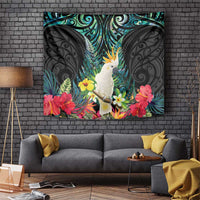 Sulphur-crested Cockatoo New Zealand Tapestry Paua Shell Aotearoa Maori Tropical Flowers LT14 Black - Polynesian Pride