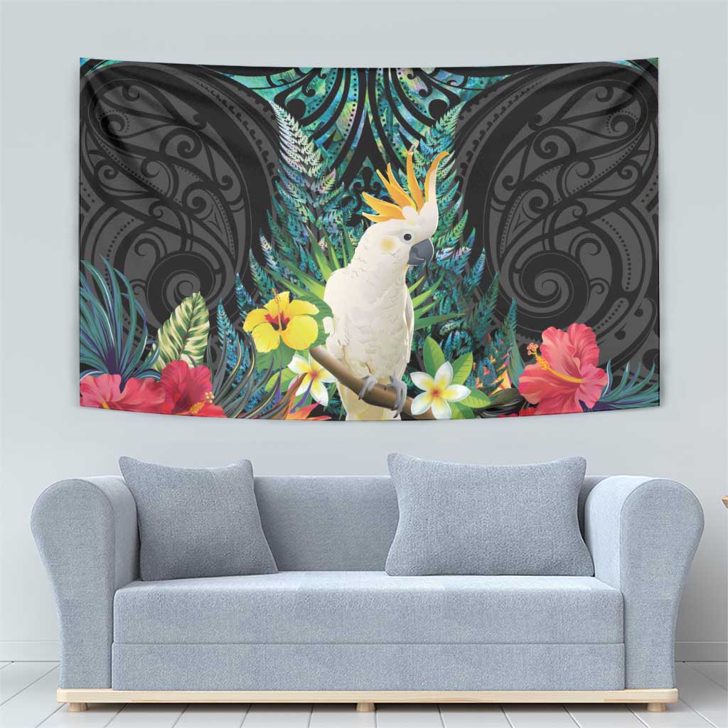 Sulphur-crested Cockatoo New Zealand Tapestry Paua Shell Aotearoa Maori Tropical Flowers LT14 - Polynesian Pride