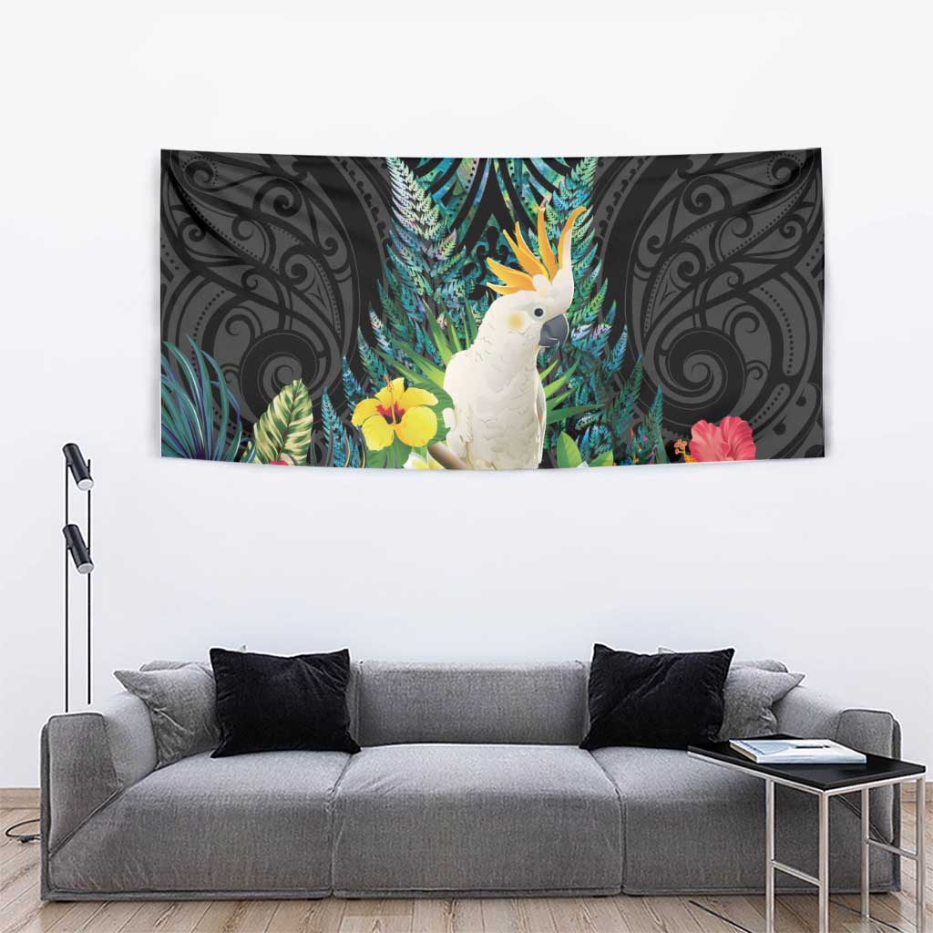 Sulphur-crested Cockatoo New Zealand Tapestry Paua Shell Aotearoa Maori Tropical Flowers LT14 - Polynesian Pride