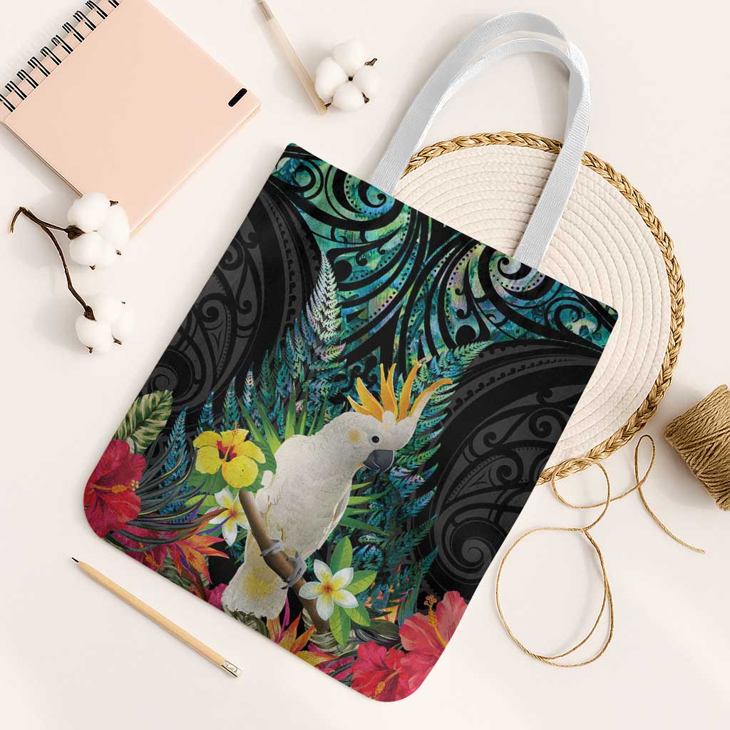 Sulphur-crested Cockatoo New Zealand Tote Bag Paua Shell Aotearoa Maori Tropical Flowers LT14 White Strap One Size Black - Polynesian Pride
