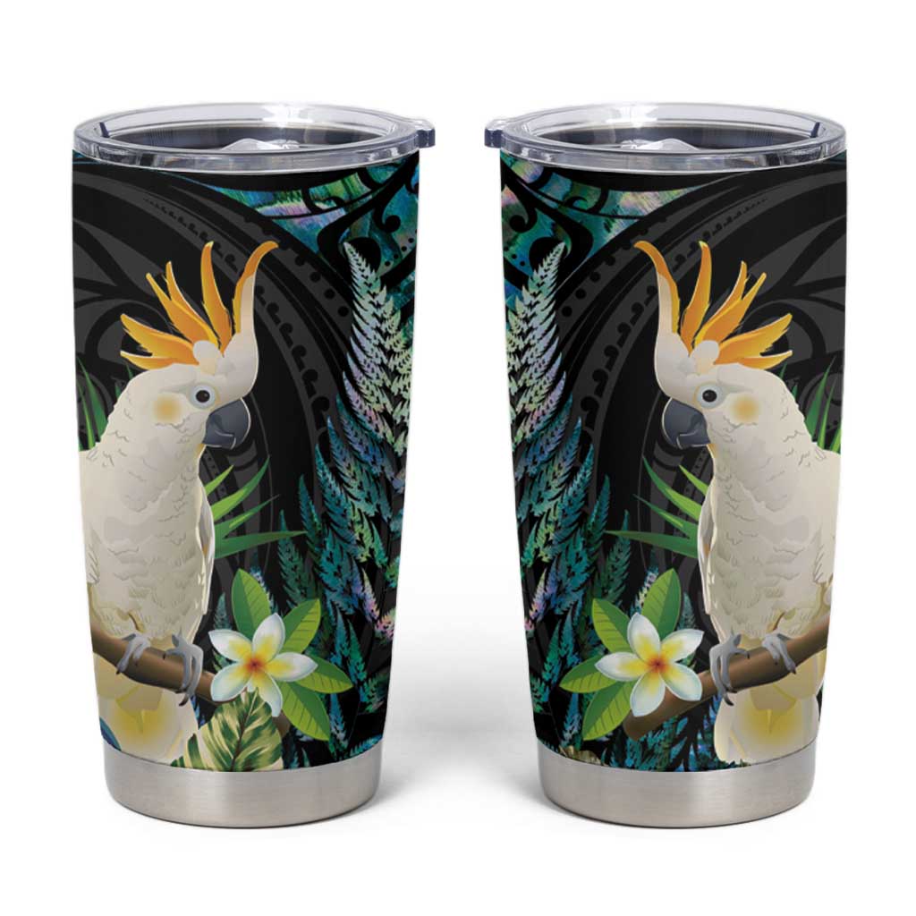 Sulphur-crested Cockatoo New Zealand Tumbler Cup Paua Shell Aotearoa Maori Tropical Flowers LT14 Black - Polynesian Pride