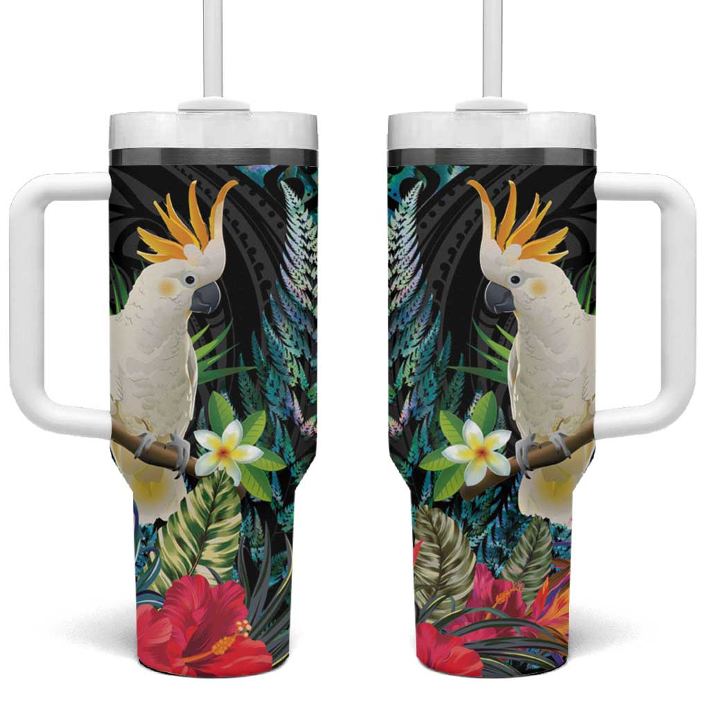 Sulphur-crested Cockatoo New Zealand Tumbler With Handle Paua Shell Aotearoa Maori Tropical Flowers LT14 One Size: 40 oz Black - Polynesian Pride