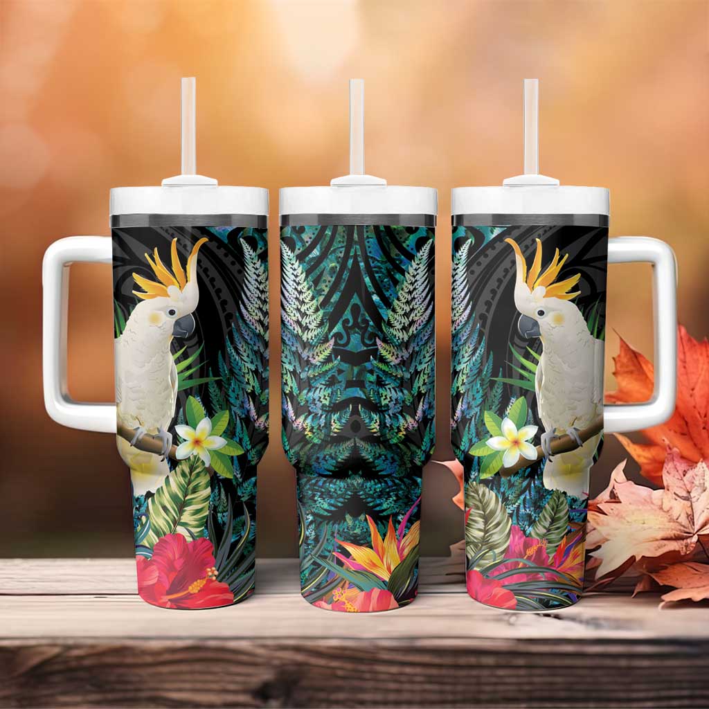 Sulphur-crested Cockatoo New Zealand Tumbler With Handle Paua Shell Aotearoa Maori Tropical Flowers LT14 - Polynesian Pride