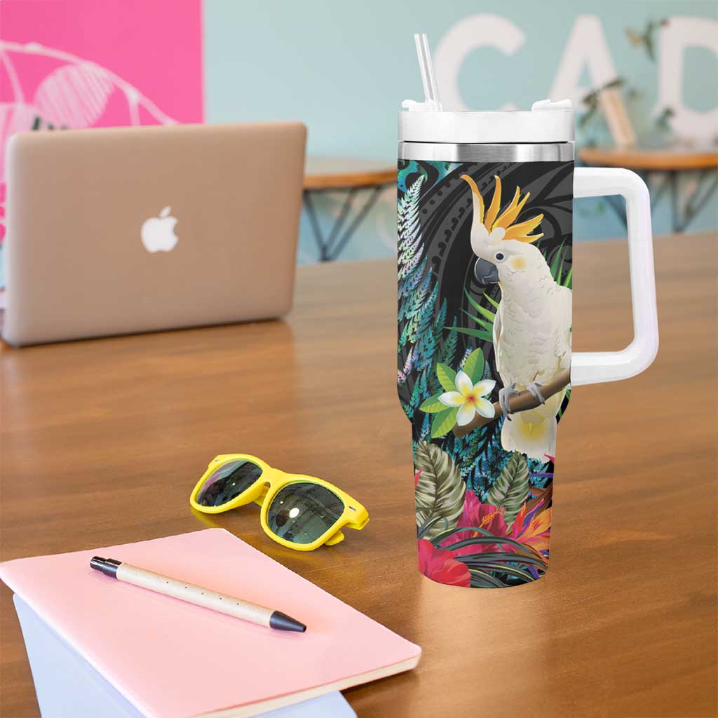 Sulphur-crested Cockatoo New Zealand Tumbler With Handle Paua Shell Aotearoa Maori Tropical Flowers LT14 - Polynesian Pride
