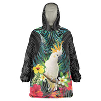 Sulphur-crested Cockatoo New Zealand Wearable Blanket Hoodie Paua Shell Aotearoa Maori Tropical Flowers LT14 One Size Black - Polynesian Pride