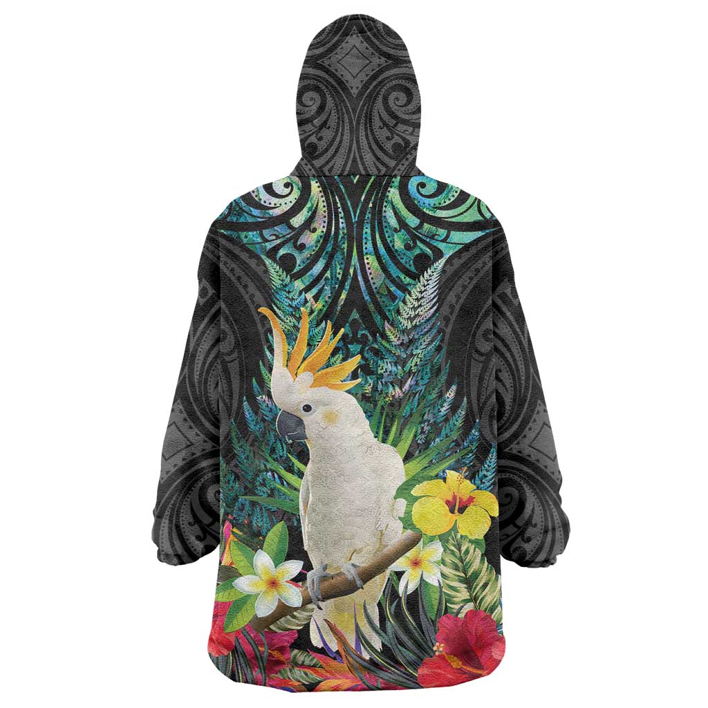 Sulphur-crested Cockatoo New Zealand Wearable Blanket Hoodie Paua Shell Aotearoa Maori Tropical Flowers LT14 - Polynesian Pride
