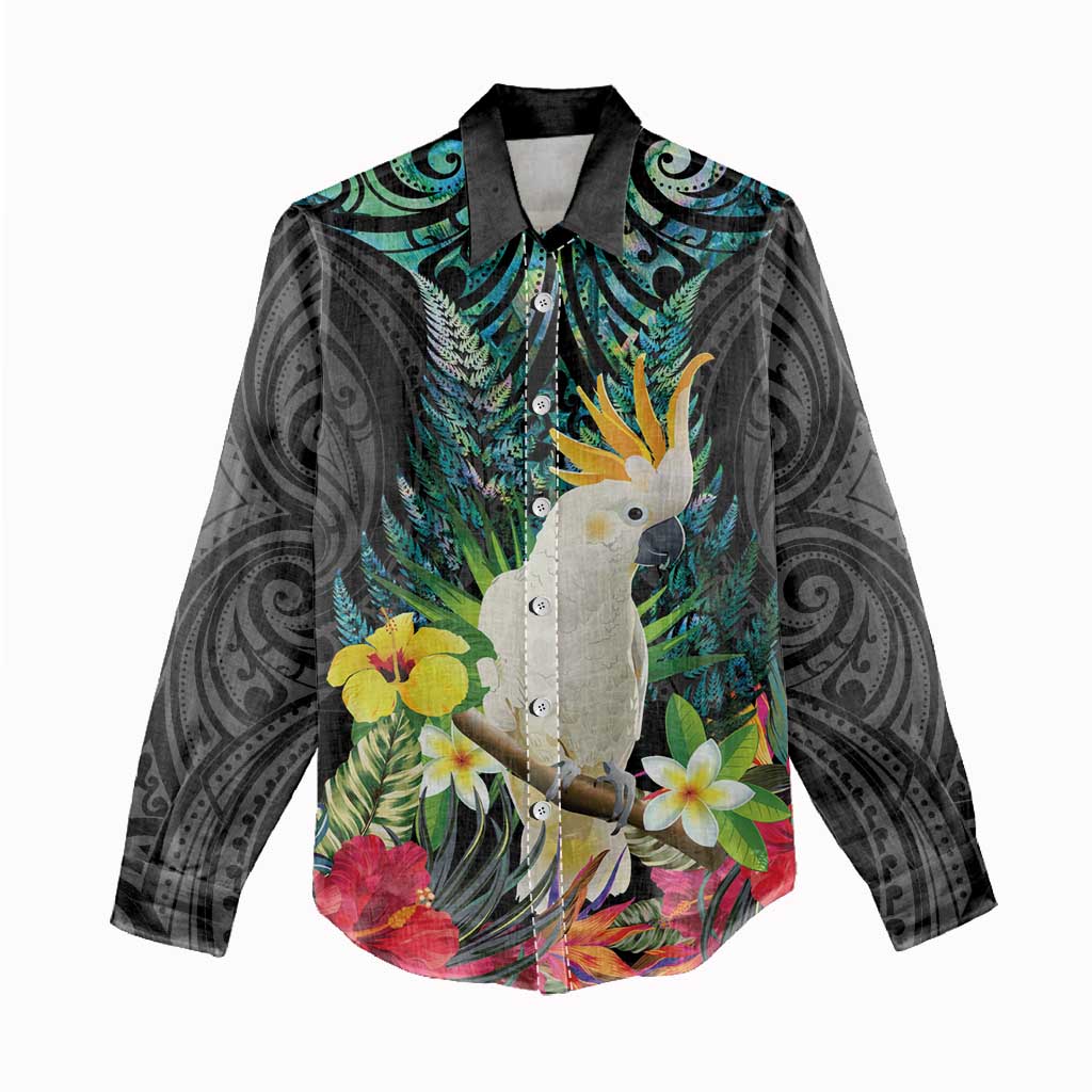 Sulphur-crested Cockatoo New Zealand Women Casual Shirt Paua Shell Aotearoa Maori Tropical Flowers - Polynesian Pride
