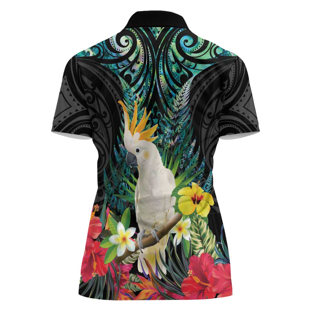 Sulphur-crested Cockatoo New Zealand Women Polo Shirt Paua Shell Aotearoa Maori Tropical Flowers LT14 - Polynesian Pride