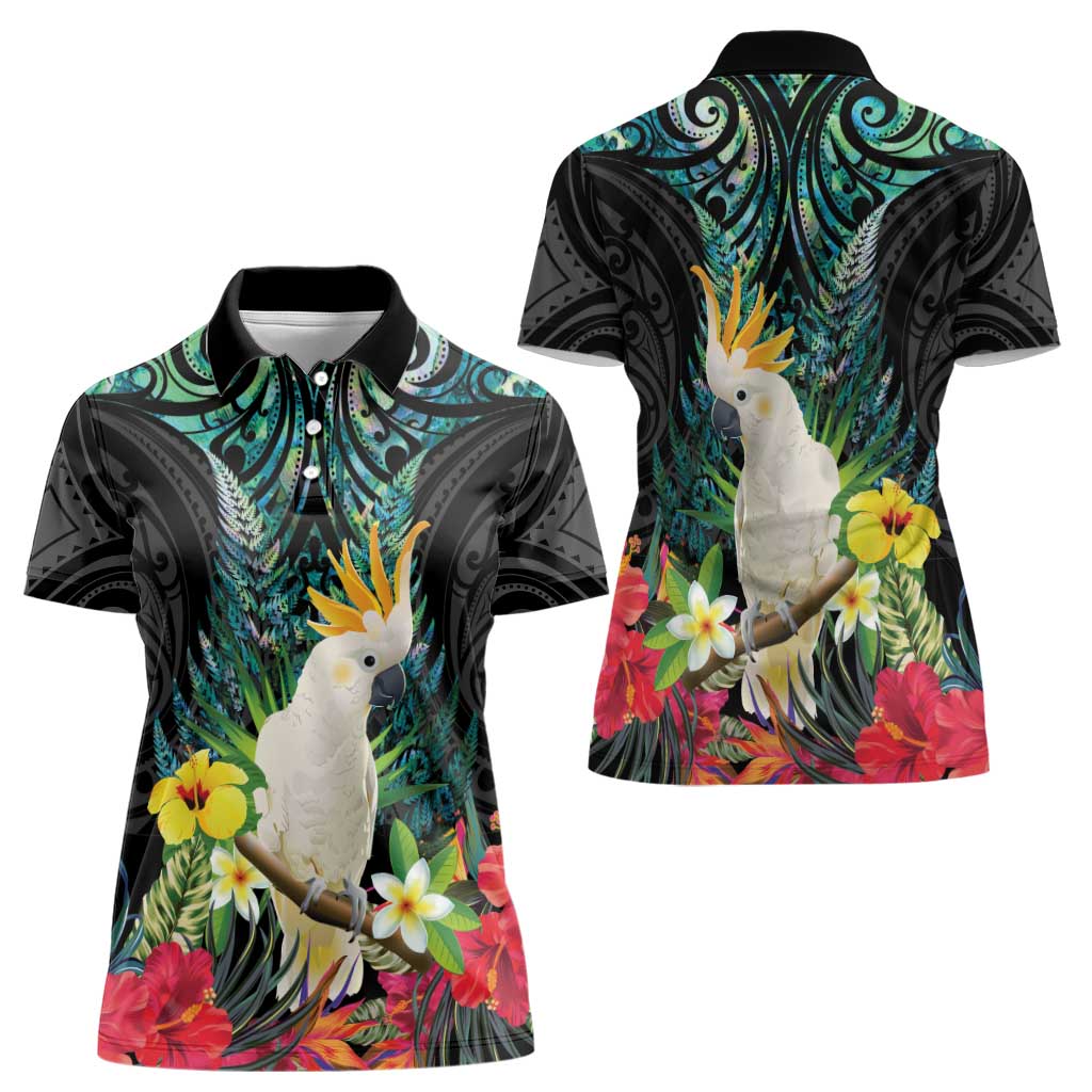 Sulphur-crested Cockatoo New Zealand Women Polo Shirt Paua Shell Aotearoa Maori Tropical Flowers LT14 - Polynesian Pride