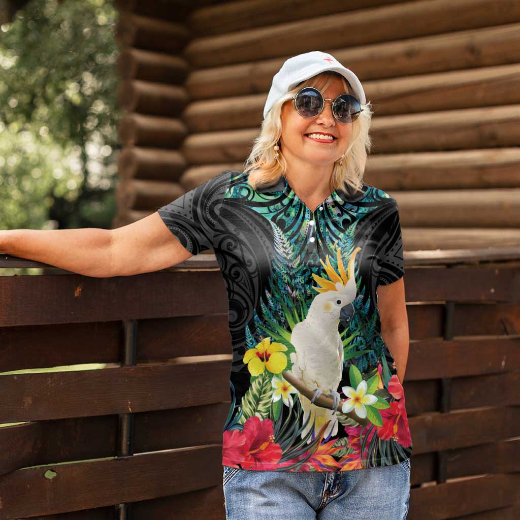 Sulphur-crested Cockatoo New Zealand Women Polo Shirt Paua Shell Aotearoa Maori Tropical Flowers LT14 - Polynesian Pride