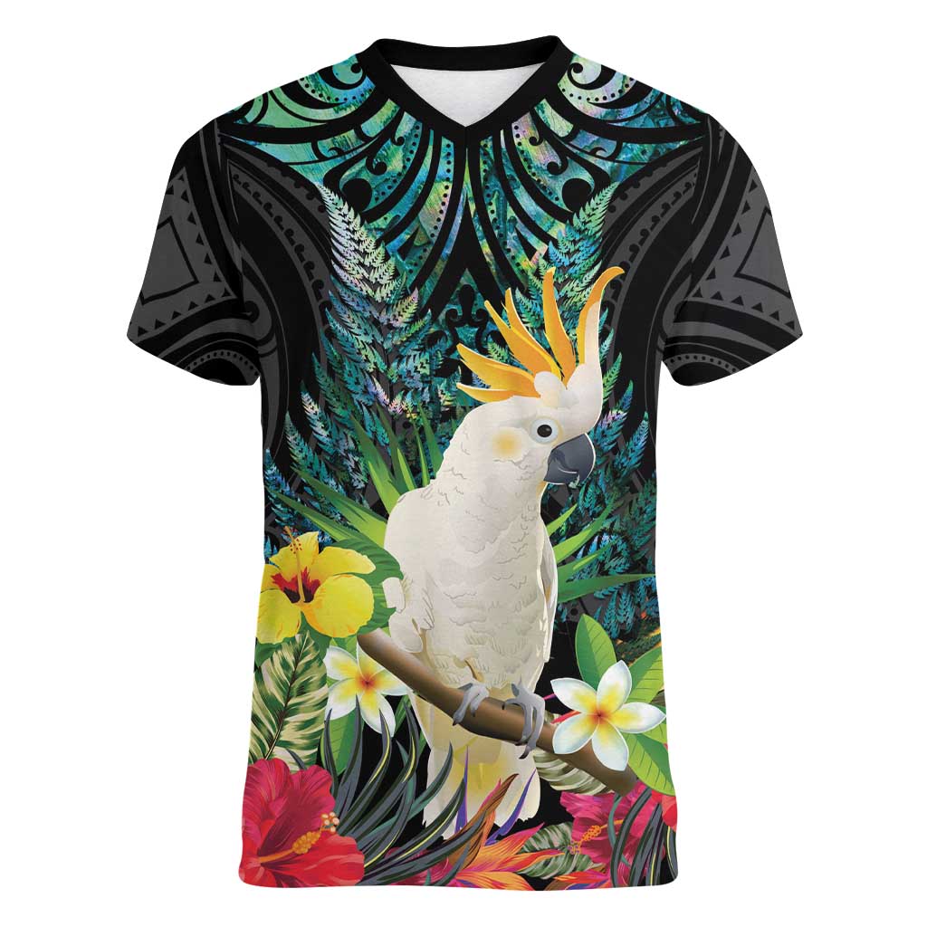 Sulphur-crested Cockatoo New Zealand Women V-Neck T-Shirt Paua Shell Aotearoa Maori Tropical Flowers LT14 Female Black - Polynesian Pride
