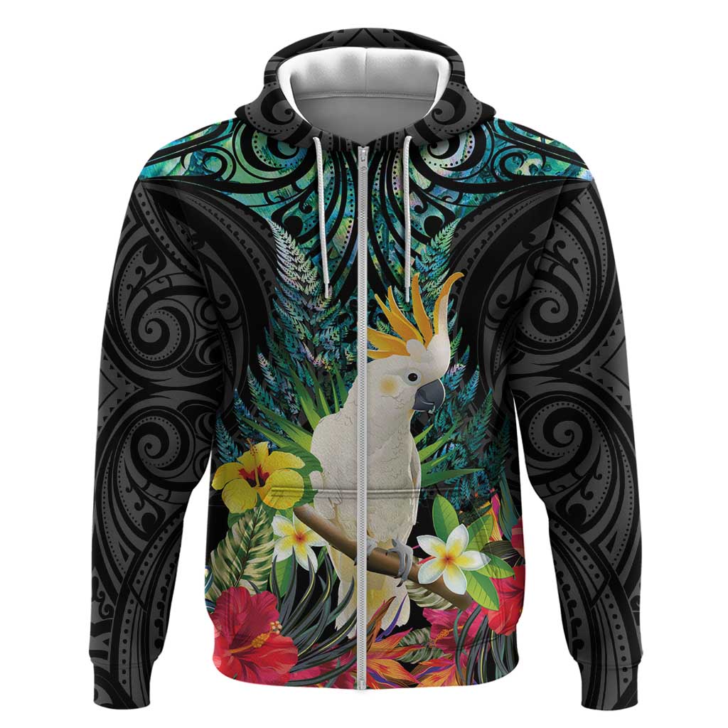 Sulphur-crested Cockatoo New Zealand Zip Hoodie Paua Shell Aotearoa Maori Tropical Flowers LT14 Zip Hoodie Black - Polynesian Pride
