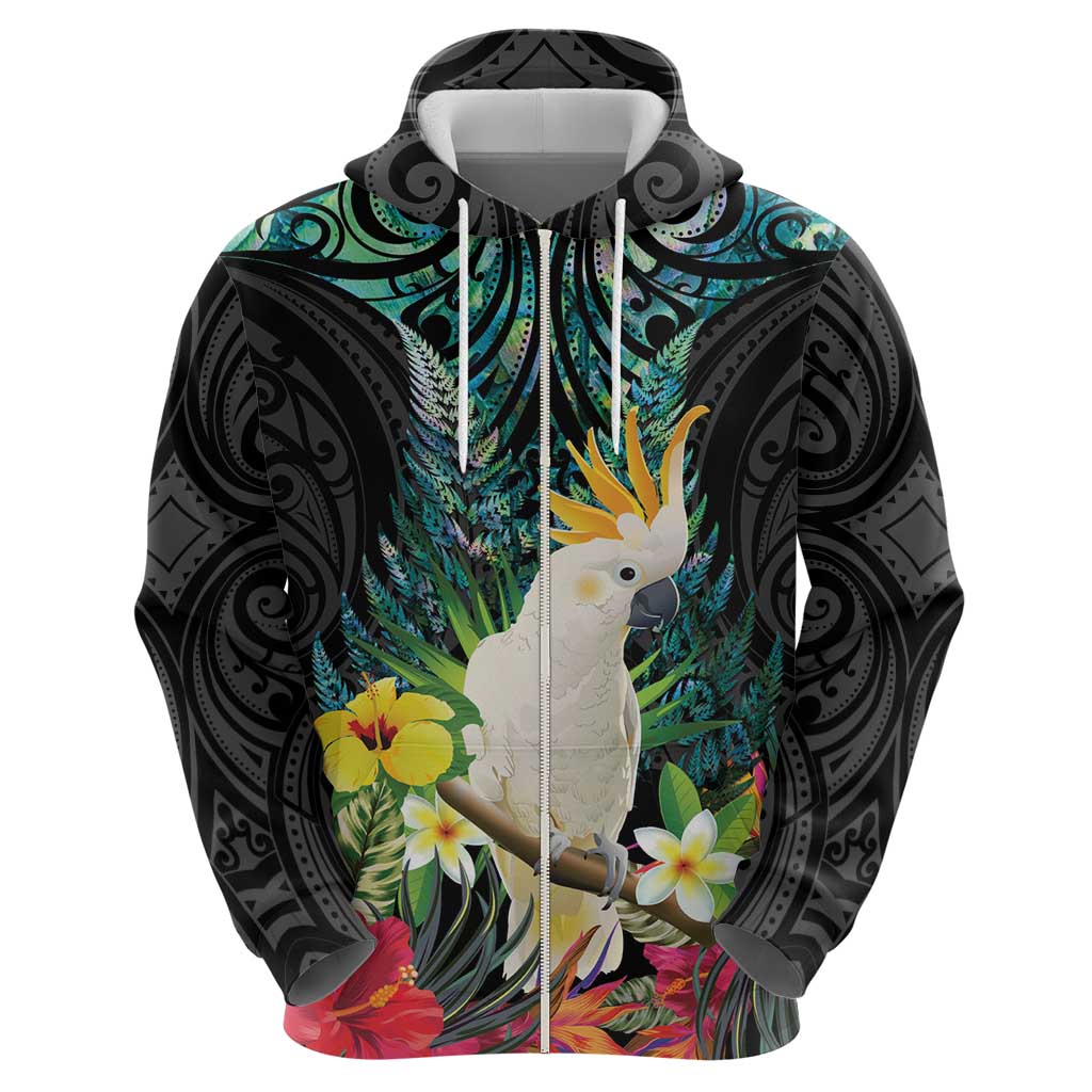Sulphur-crested Cockatoo New Zealand Zip Hoodie Paua Shell Aotearoa Maori Tropical Flowers LT14 - Polynesian Pride