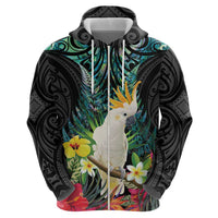 Sulphur-crested Cockatoo New Zealand Zip Hoodie Paua Shell Aotearoa Maori Tropical Flowers LT14 - Polynesian Pride