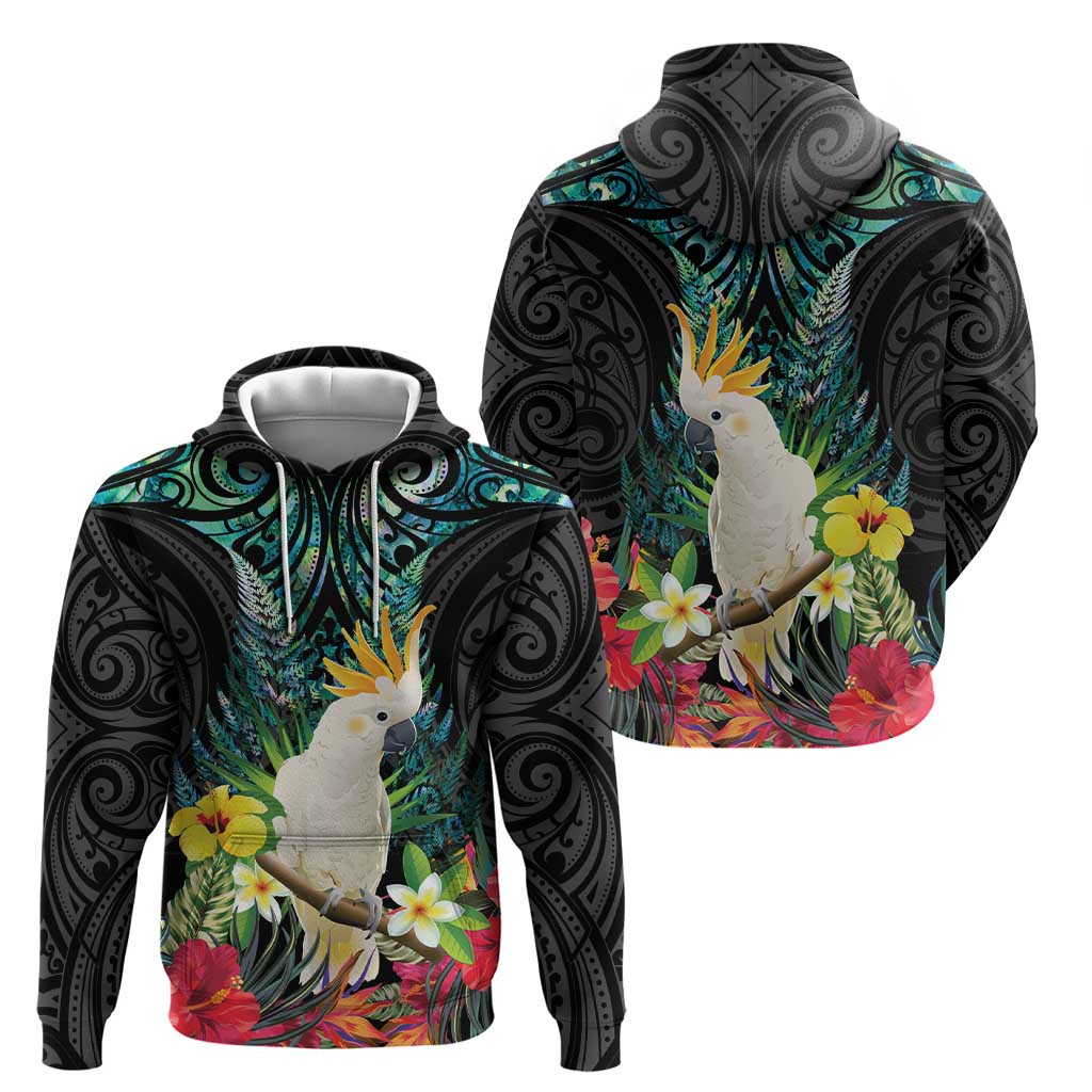 Sulphur-crested Cockatoo New Zealand Zip Hoodie Paua Shell Aotearoa Maori Tropical Flowers LT14 - Polynesian Pride