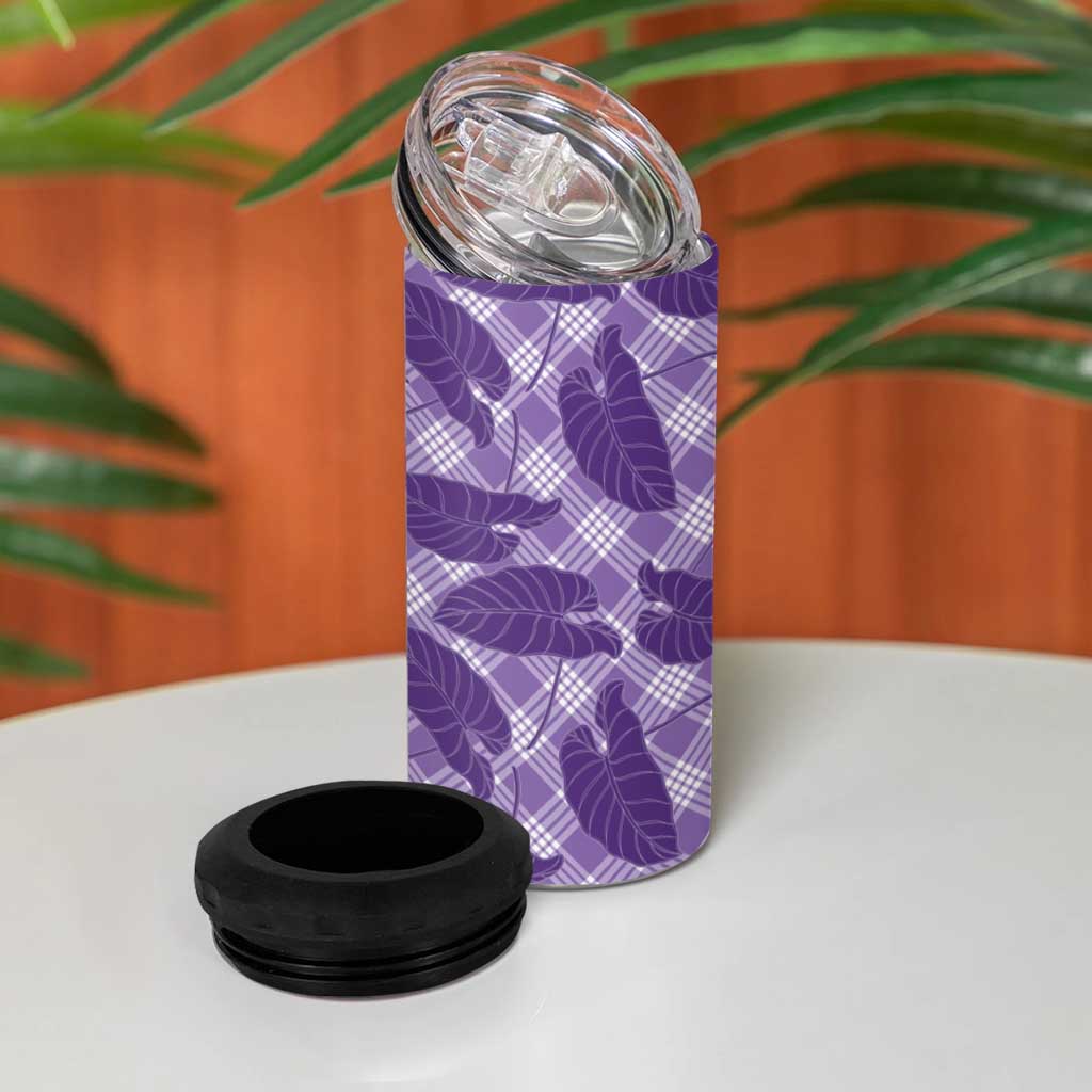 Purple Hawaii Kalo Palaka Motifs 4 in 1 Can Cooler Tumbler Hawaiian Taro Leaves Elegant Vibes LT14 - Polynesian Pride