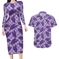 Purple Hawaii Kalo Palaka Motifs Couples Matching Long Sleeve Bodycon Dress and Hawaiian Shirt Hawaiian Taro Leaves Elegant Vibes LT14 Purple - Polynesian Pride