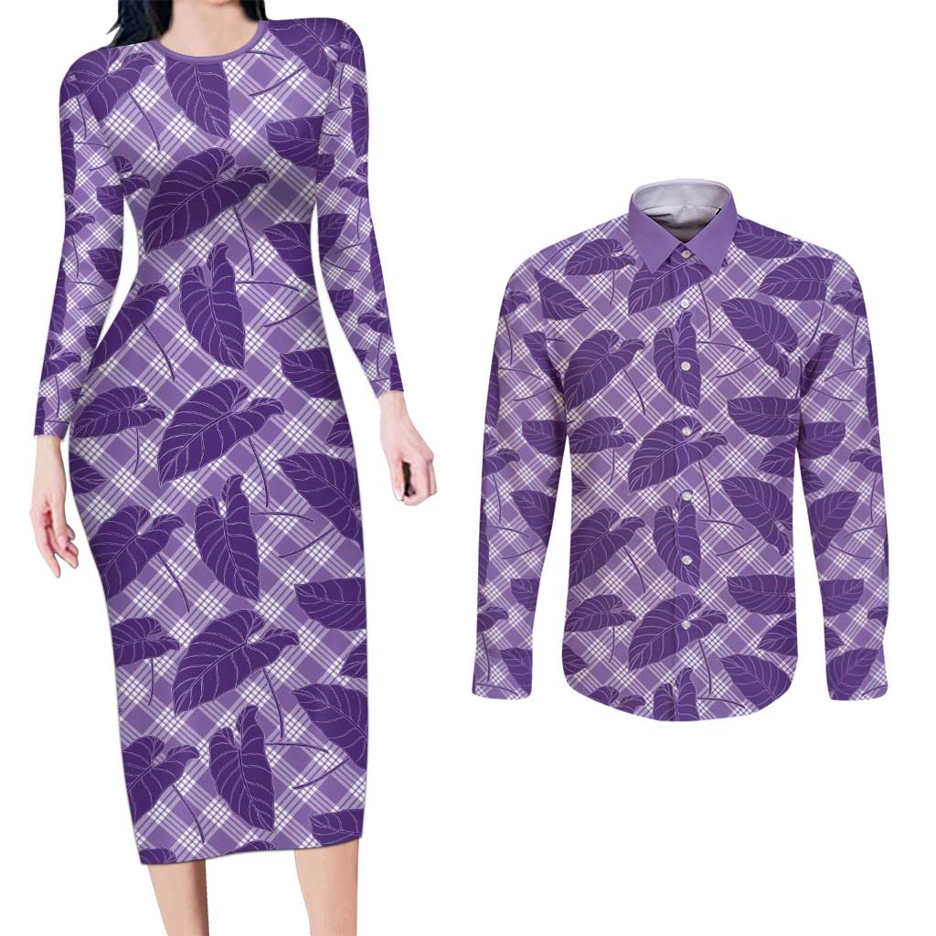 Purple Hawaii Kalo Palaka Motifs Couples Matching Long Sleeve Bodycon Dress and Long Sleeve Button Shirt Hawaiian Taro Leaves Elegant Vibes LT14 Purple - Polynesian Pride