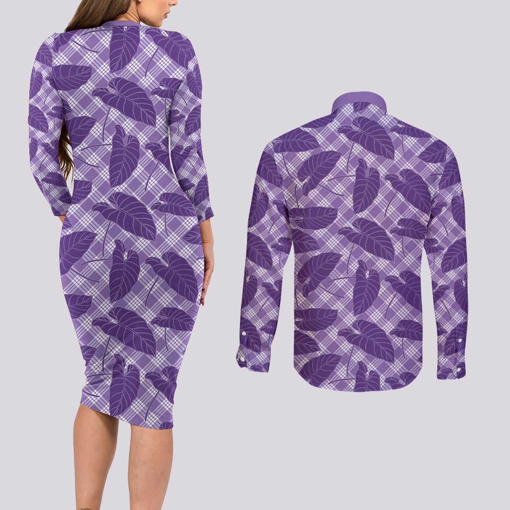 Purple Hawaii Kalo Palaka Motifs Couples Matching Long Sleeve Bodycon Dress and Long Sleeve Button Shirt Hawaiian Taro Leaves Elegant Vibes LT14 - Polynesian Pride