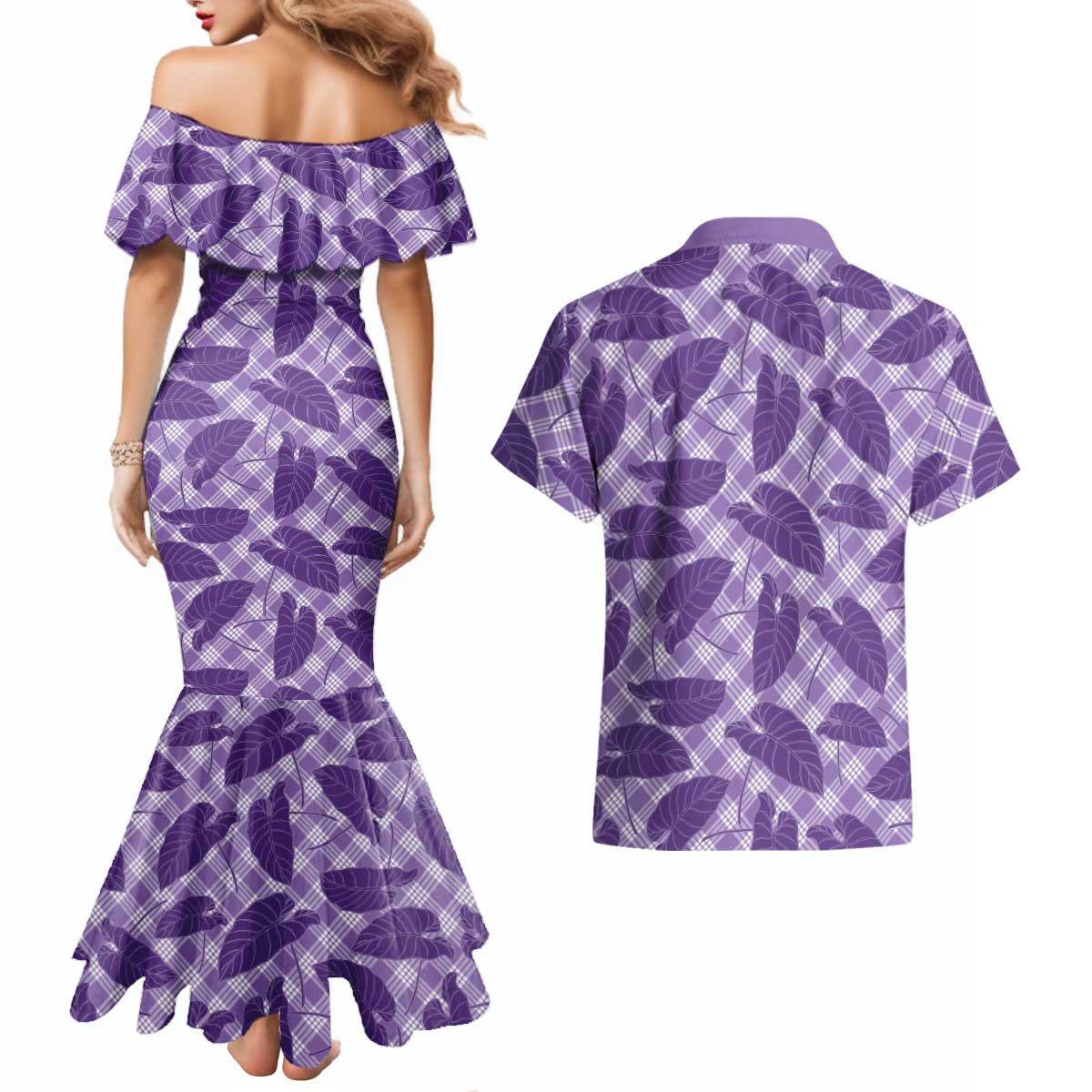 Purple Hawaii Kalo Palaka Motifs Couples Matching Mermaid Dress and Hawaiian Shirt Hawaiian Taro Leaves Elegant Vibes LT14 - Polynesian Pride